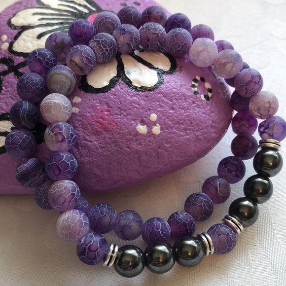 Unisex 2 Amethyst Purple Stretch Bracelets with Hematite beads - Picture 1 of 8